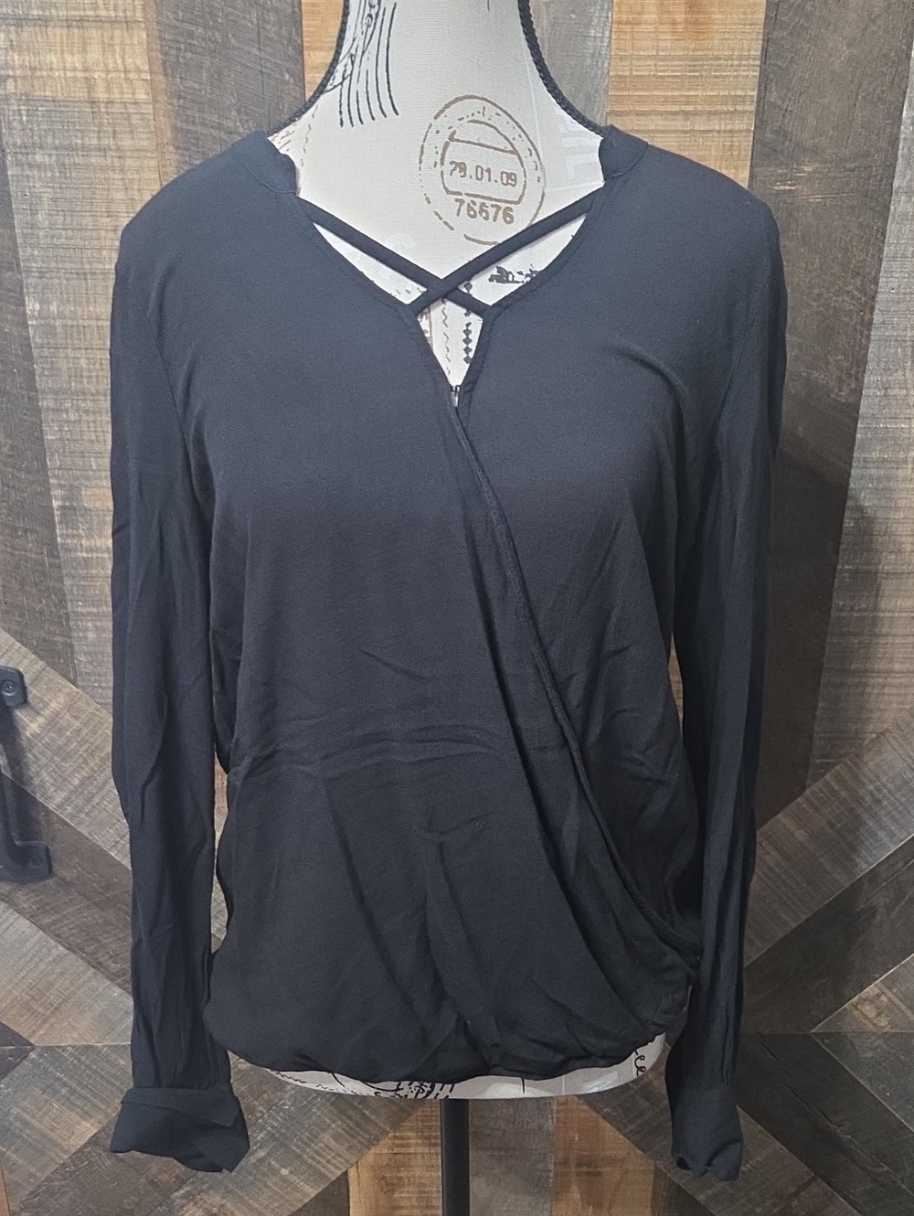 Rock & Republic Black Surplice Long-Sleeve Top with Strappy V-Neck